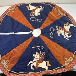 Western Cowboy lasso rope horse Christmas Tree Skirt - Blue and Orange corduroy